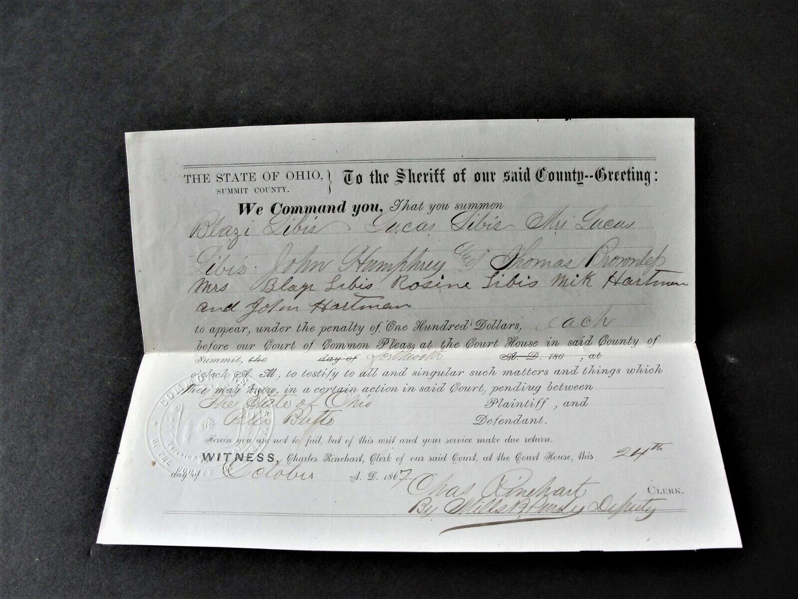 October 24, 1867 -Witness Subpoena signed Seal- Document- State of Ohio Court.