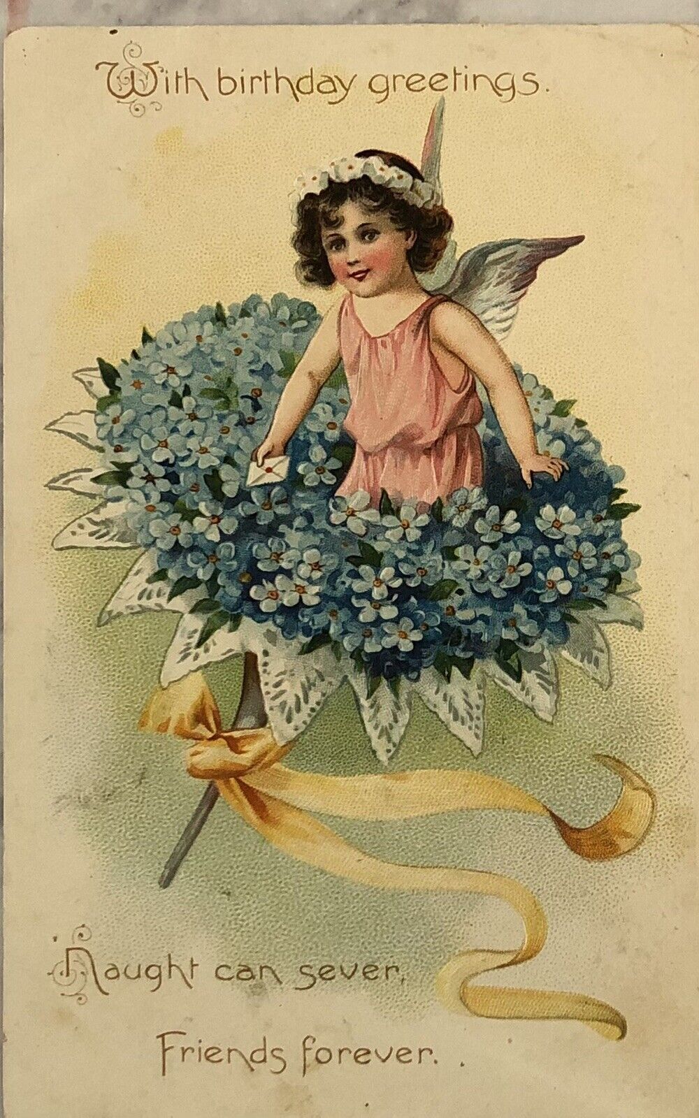 Postcard Vintage Birthday Greeting Embossed Girl Angel Blue Flowers