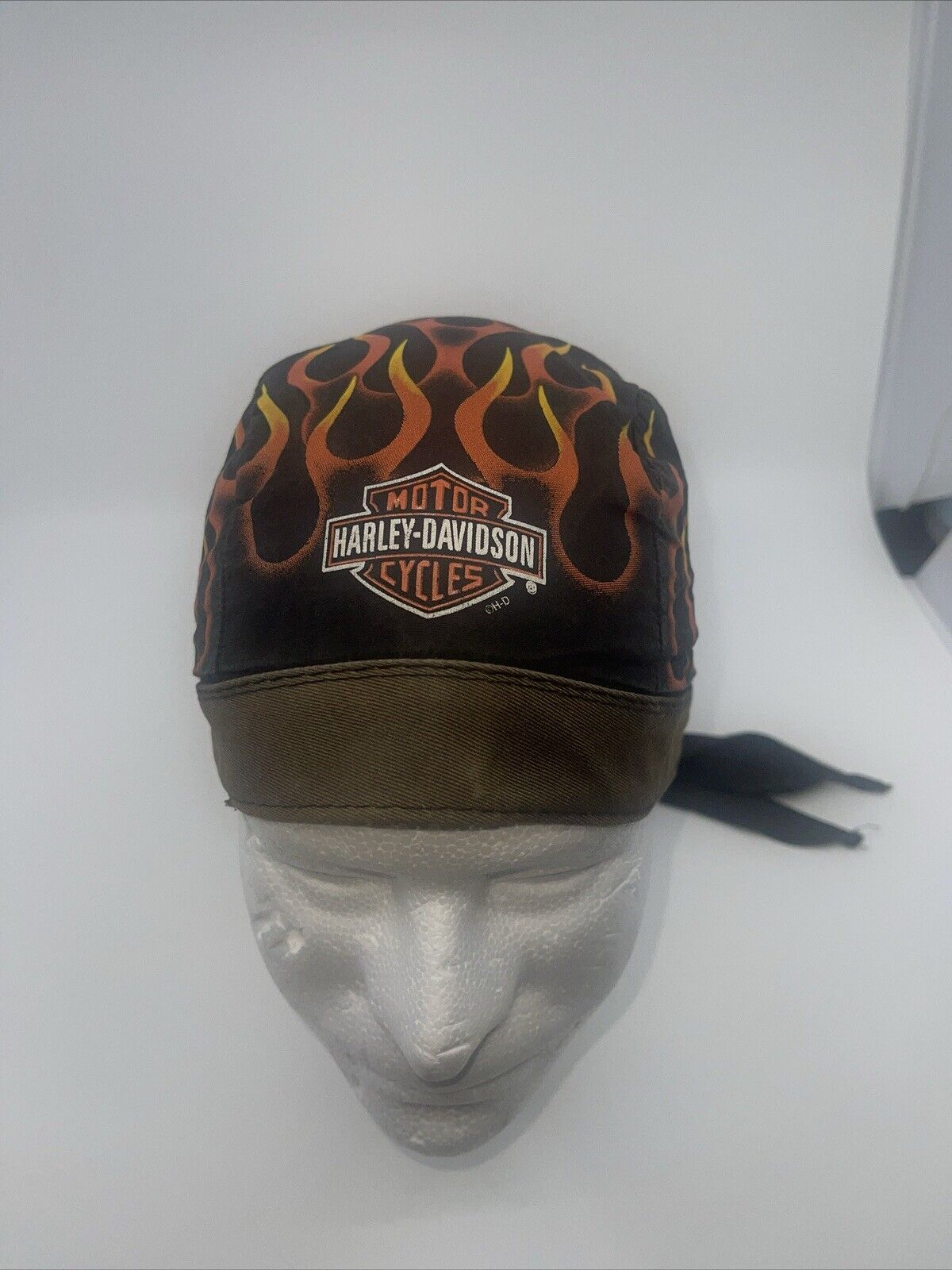VTG Harley Davidson Do Rag  Orange Bar & Shield Flame Skull Cap Rare Hat