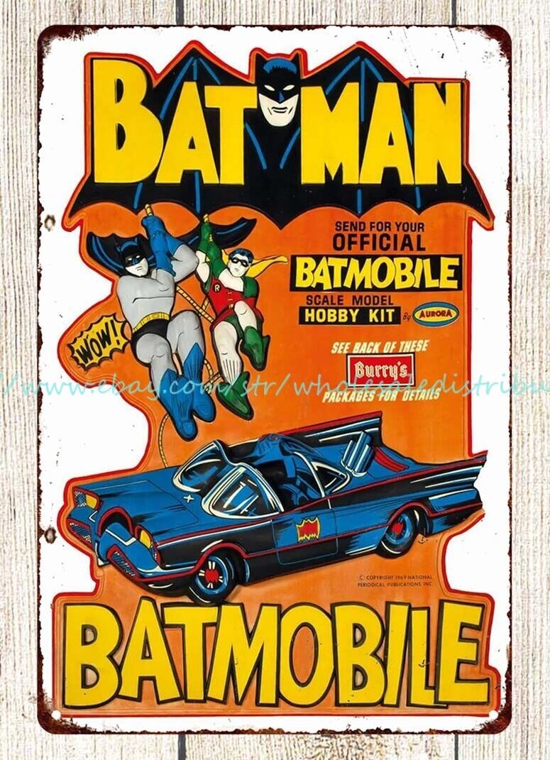 wall decor home tavern 1960s toy Batman Batmobile metal tin sign