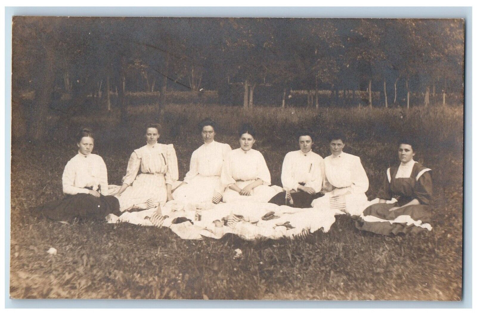 Women Patriotic Picnic Postcard RPPC Photo Scene Field c1910\'s Unposted Antique