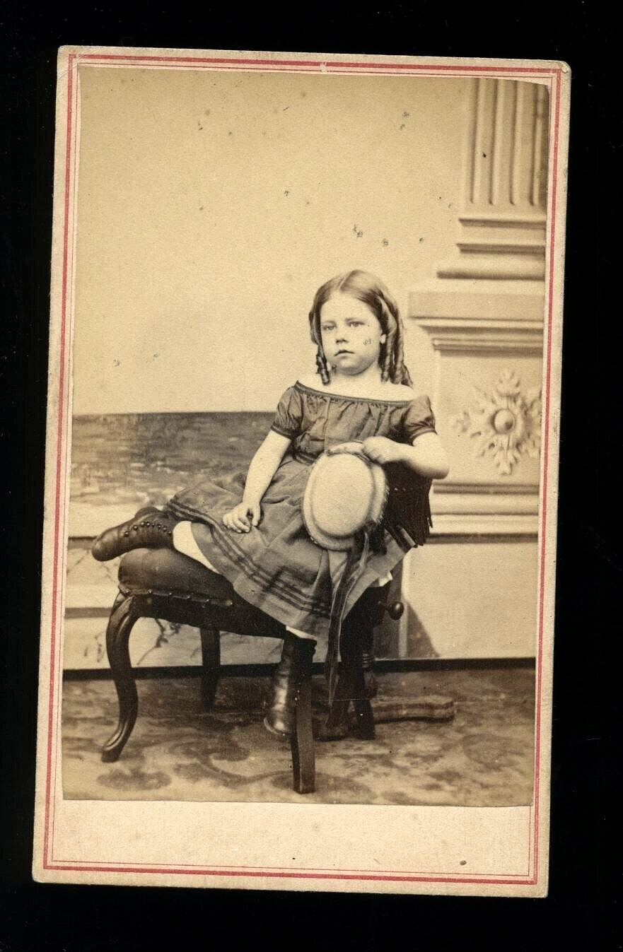 1860s CDV Pretty Little Girl Ringlet Curls in Hair Holding Hat 1800s Photo