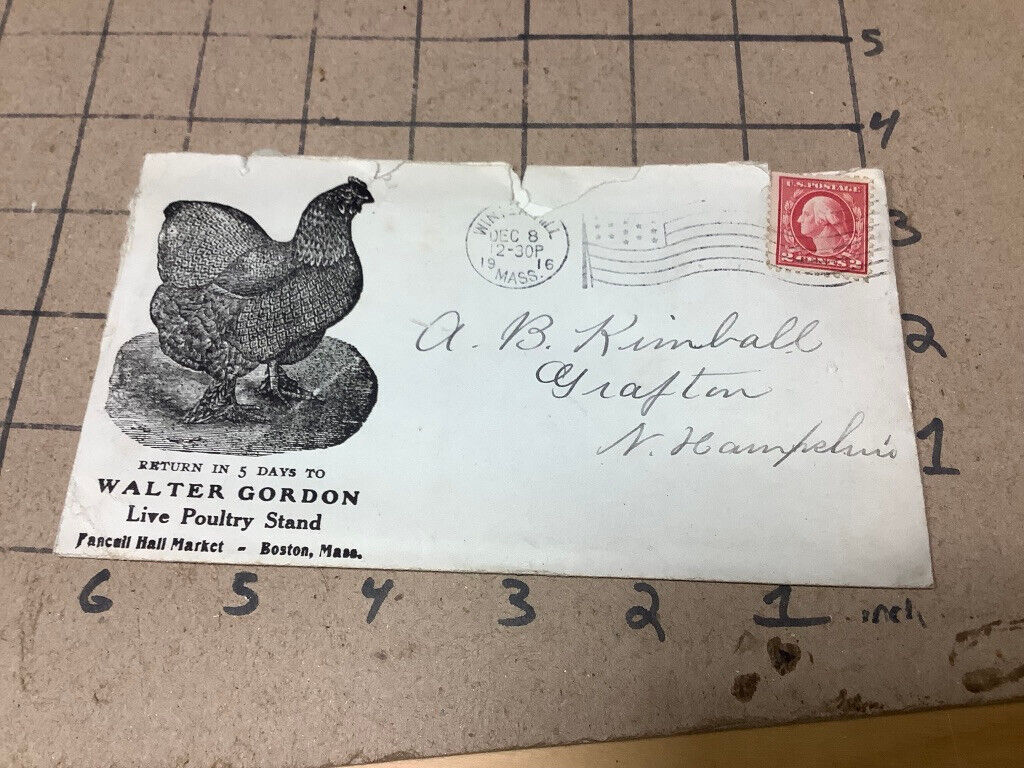 original envelope only: Walter Gordon w ROASTER VIGNETTE- 1916 - boston faneuil