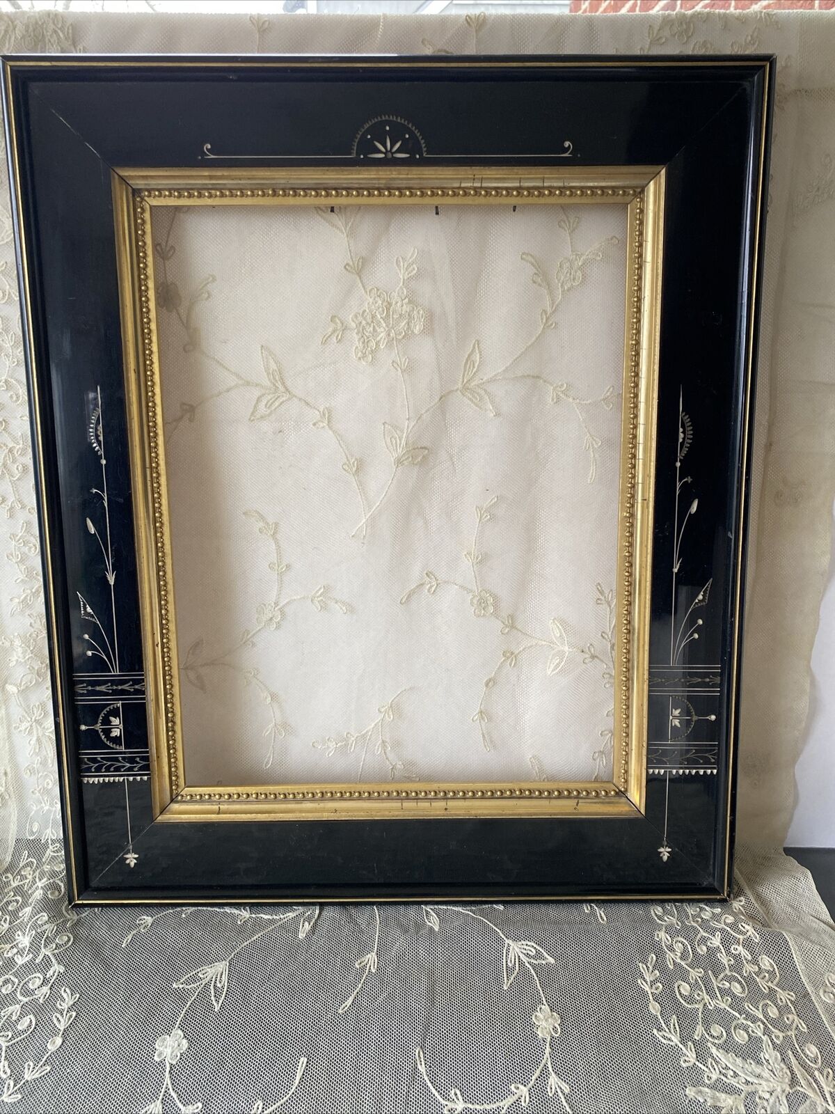 Antique Victorian Eastlake 1870s Ethced Ebony & Gold 19x16 Picture Frame