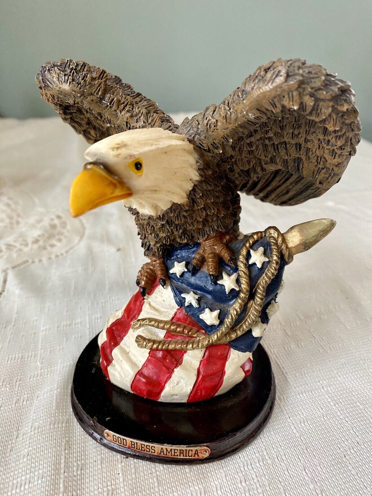 Bald Eagle with American Flag on Wood Base God Bless America