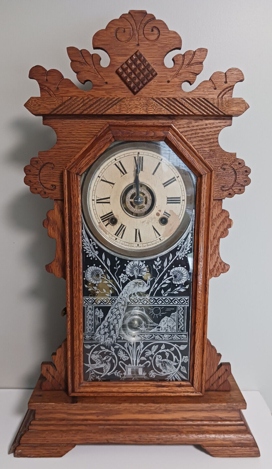 Antique Ansonia Kitchen Gingerbread Mantle Alarm Clock Peacock Door Keys