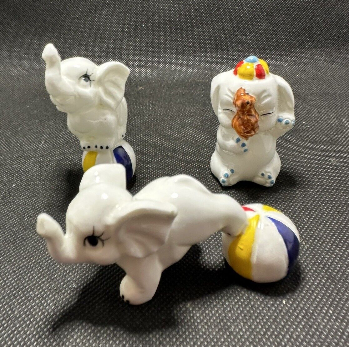 Vintage Set of 3 White Bone China Circus Elephant Figurines Trunk Up Good Luck