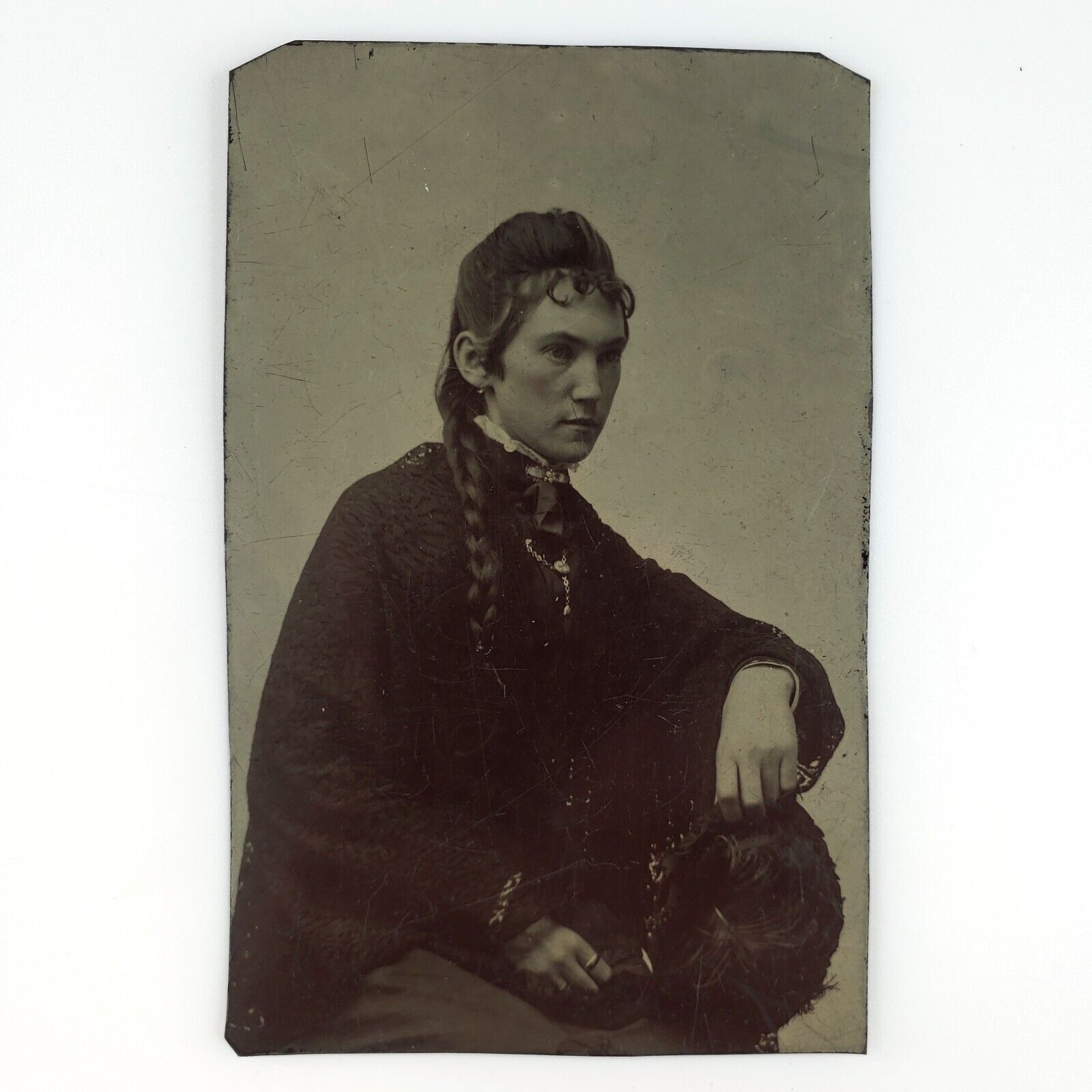 Feather Hat Braid Girl Tintype c1870 Antique 1/6 Plate Young Woman Photo B2850