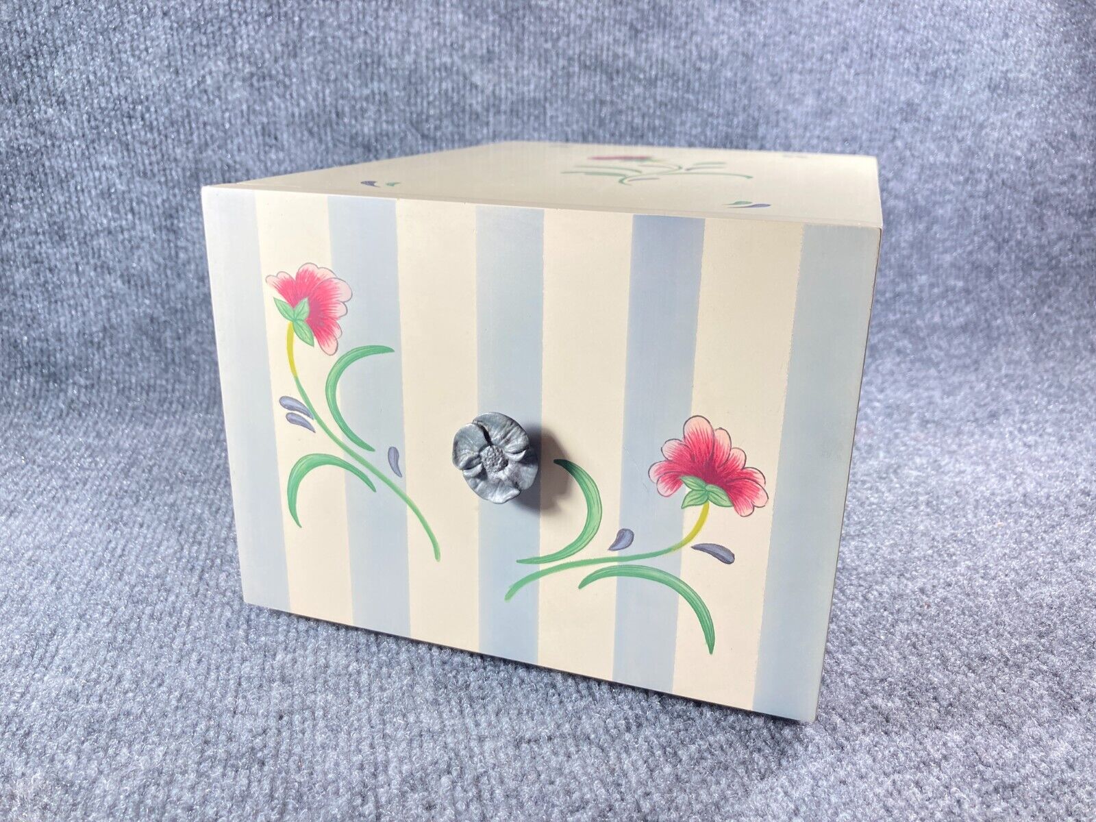 Vintage Lenox Poppies On Blue Botanical Recipe Box Blue Cream Stripe Flowers