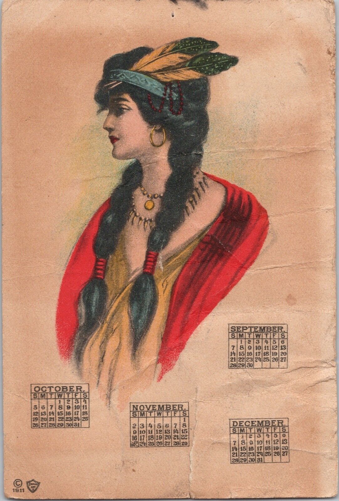 1913 Pretty Woman Native American Feathers Calendar c1911 Empire Art Co Postcard