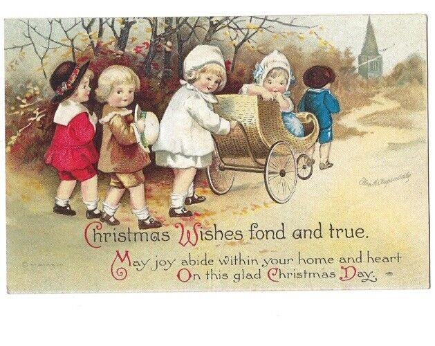 c1910 Christmas Cute Little Girls Wagon Carriage Ellen H Clapsaddle Postcard