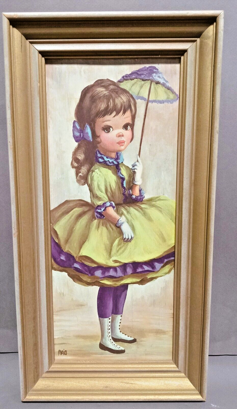 Vintage 1960s Maio High Button Shoes Big Eye Girl Litho Print Framed Wall Art