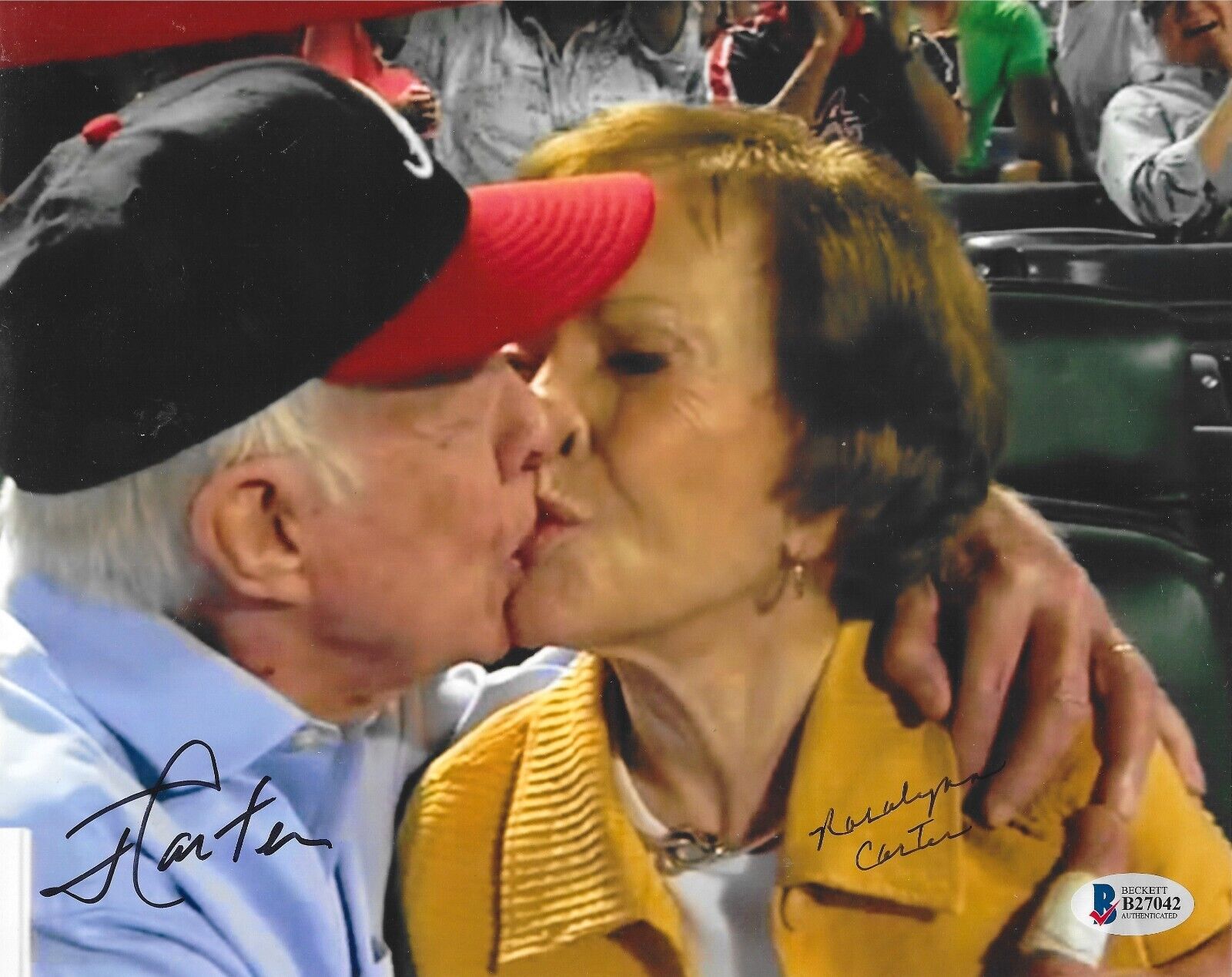 Jimmy & Rosalynn Carter \'Kissing Couple\' Autographed 8x10 photo Love Beckett LOA