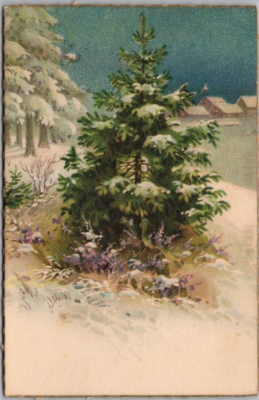Vintage 1910s CHRISTMAS Greeting Card / Postcard Xmas Tree / Houses - Blank Back