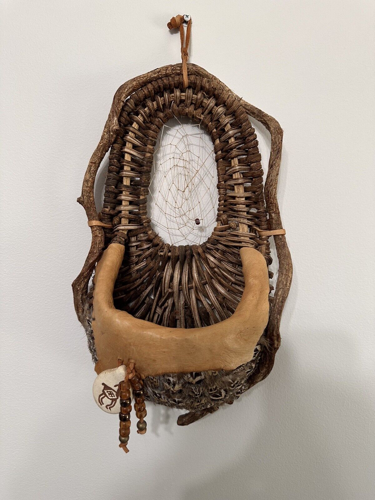 Vintage Native American Dream Catcher Basket ,Beads, Feathers And Leather Signed