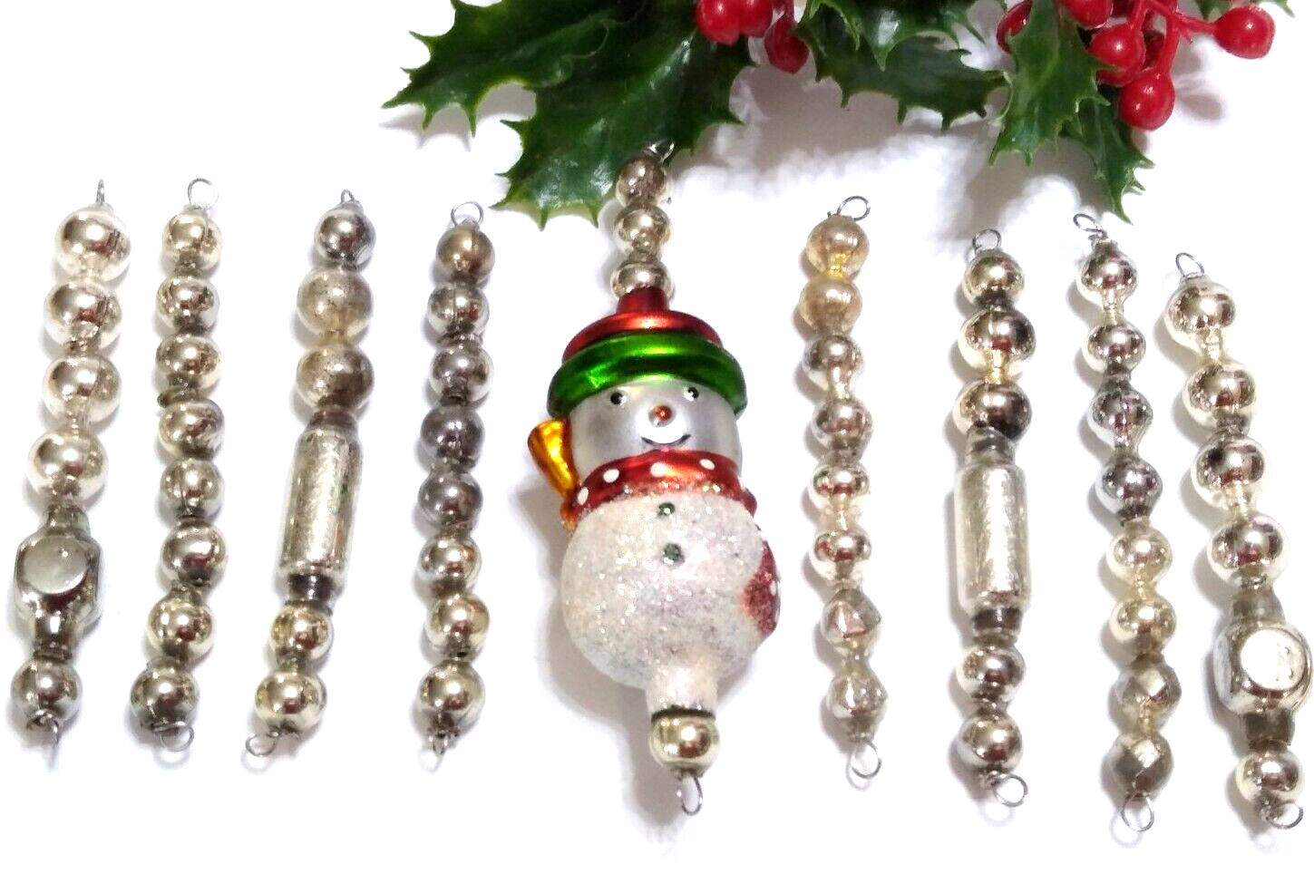 Vtg Christmas Ornaments Mercury Glass Bead Icicle lot of 9 SNOWMAN Silver #27