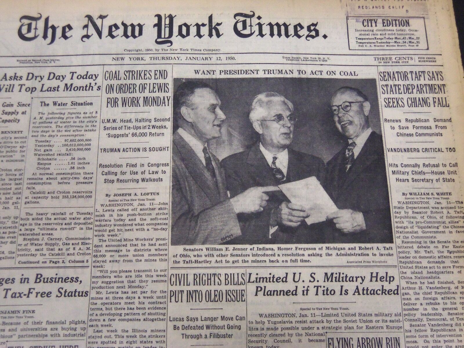 1950 JANUARY 12 NEW YORK TIMES - COAL STRIKES END ON ORDER OF LEWIS - NT 5140