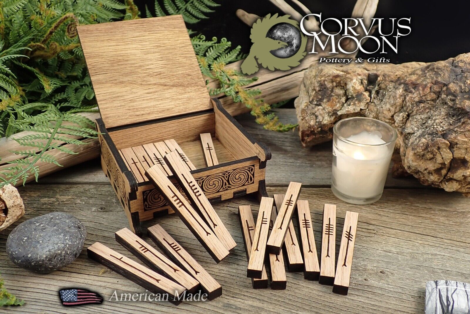 Irish Ogham Oak Rune set  in wooden box, Fortune telling, Wiccan, Viking, pagan