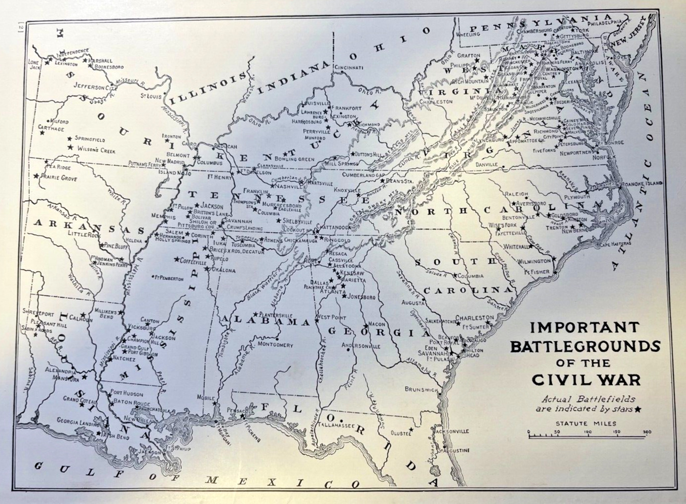 1912 Vintage Illustration Map Showing Important Battlegrounds of Civil War