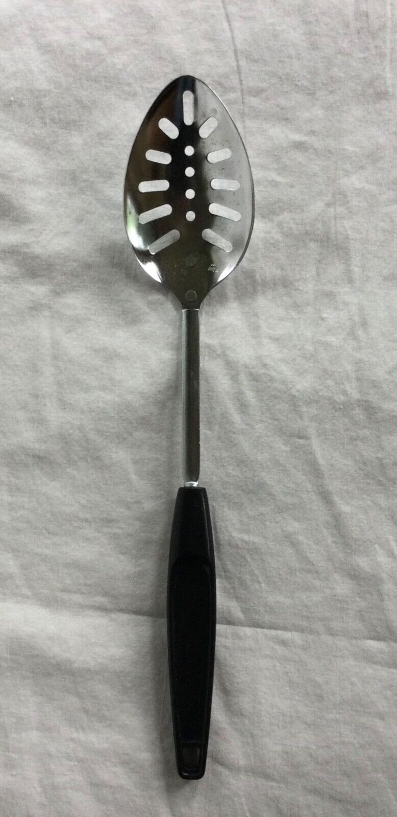 Vintage Foley Slotted Spoon Chrome Plate USA Black Handle 11 1/4”