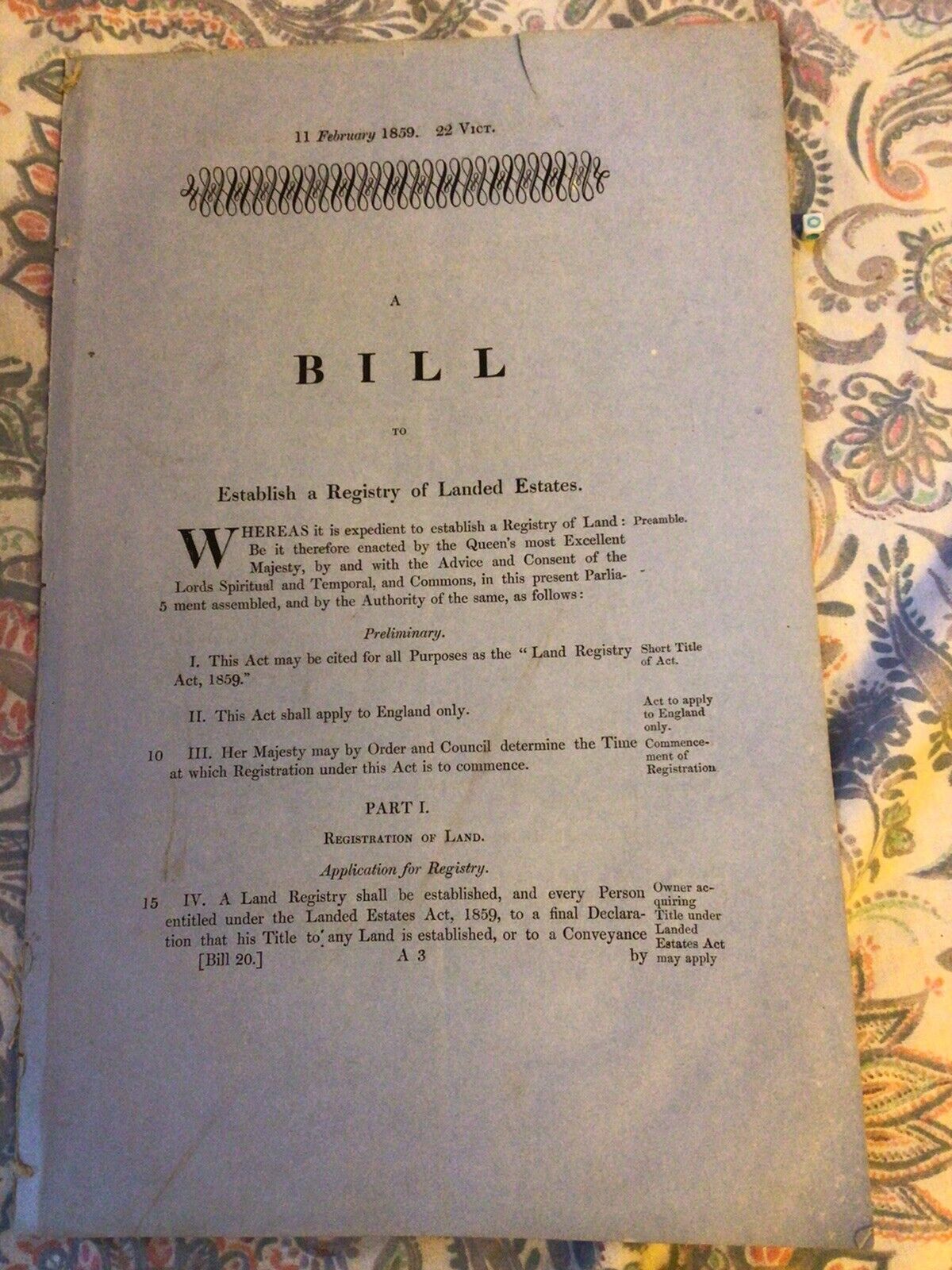 Antique Act of Parliament Bill RARE , Registry Of Landed Estates , 1859