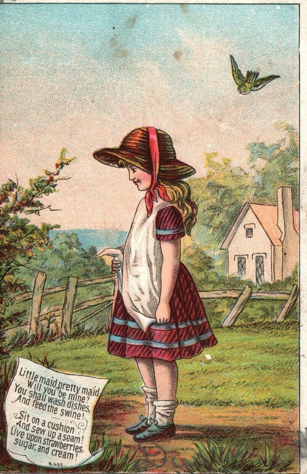 1880s-90s Little Maid Pretty Maid Will You Be Mine? Sew Up a Seam Trade Card