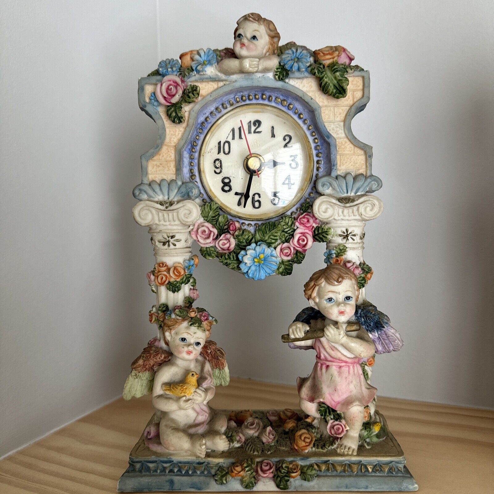Victorian Ceramic Floral Mantel  Clock With Angels Cherubs Vintage