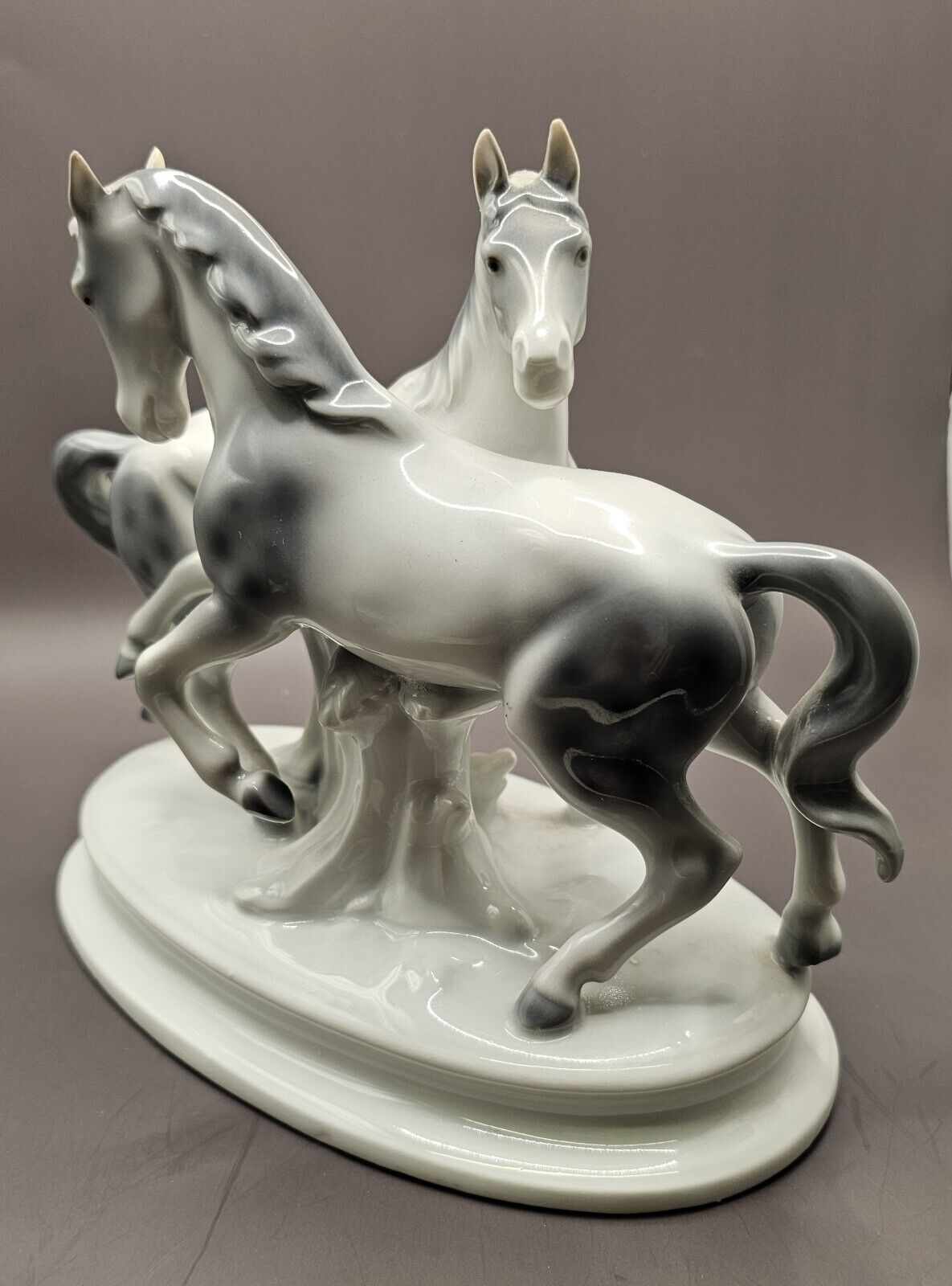 Stunning Porcelain Portrayal Pair Horses White Muted Grays Vintage Germany