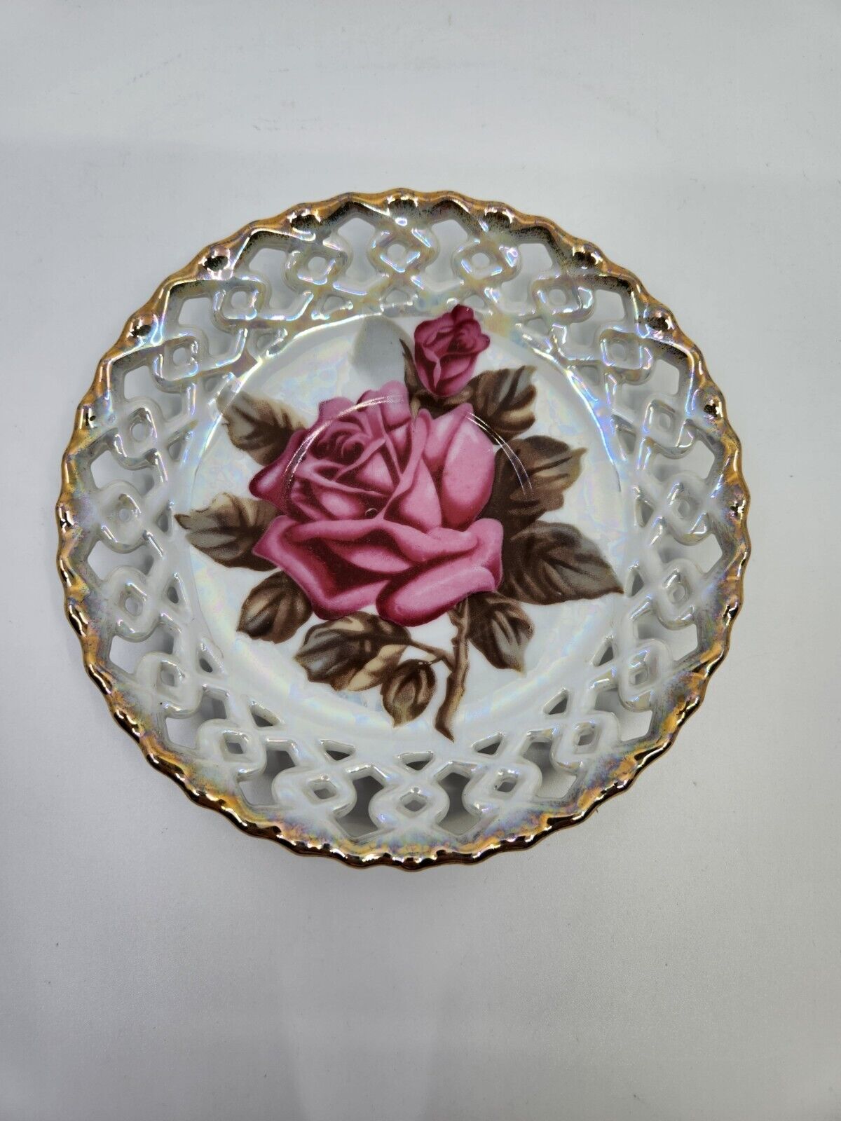 VINTAGE Royal Sealy China Japan Pink Rose Saucer With Gold Serrated Edge