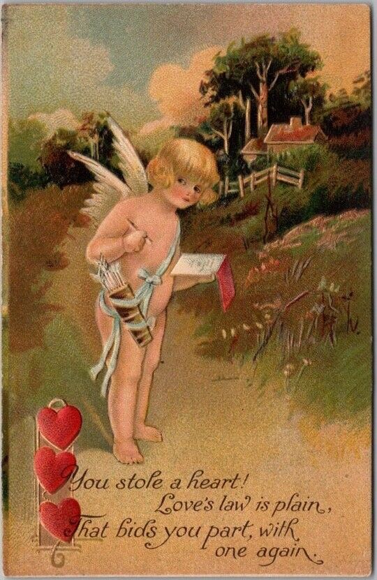 1914 VALENTINE\'S DAY Greetings Postcard Naked Cupid Taking Notes in the Road