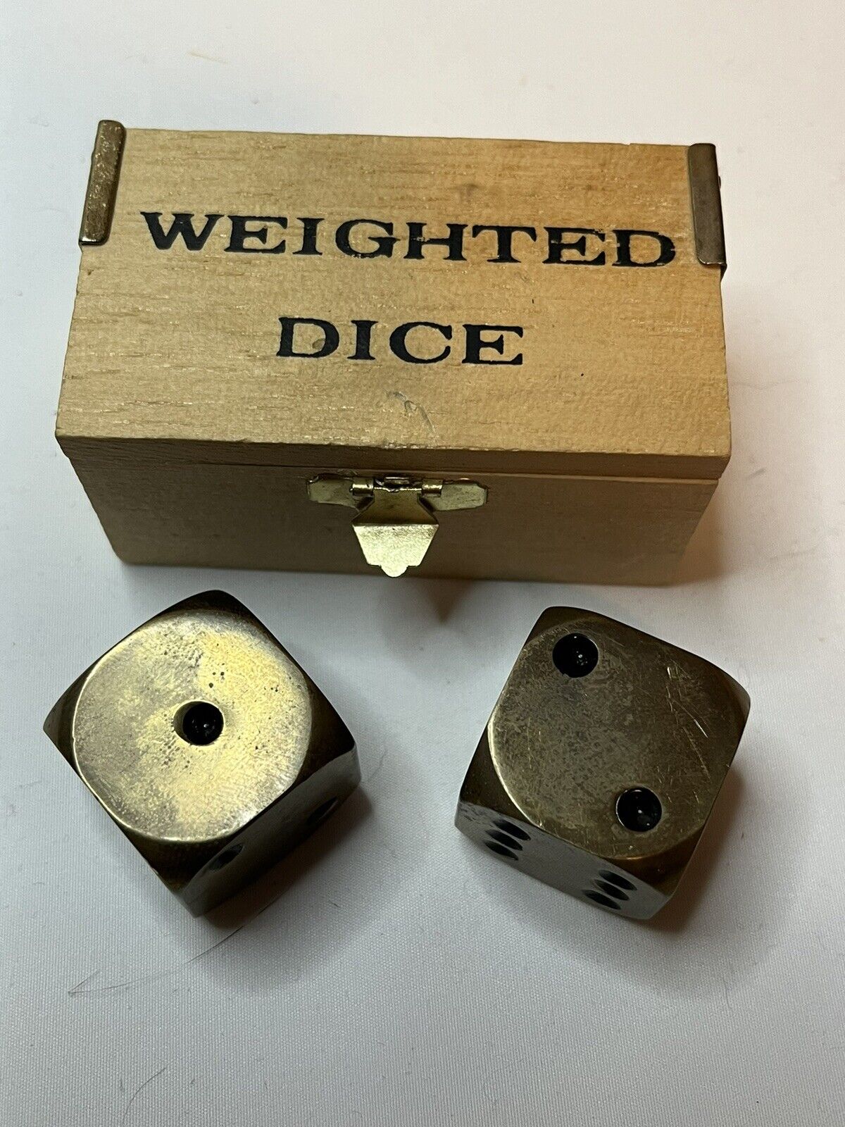 Vintage Weighted Dice  Wood Box Case Old Larger Sized Brass Dice 1 Inch