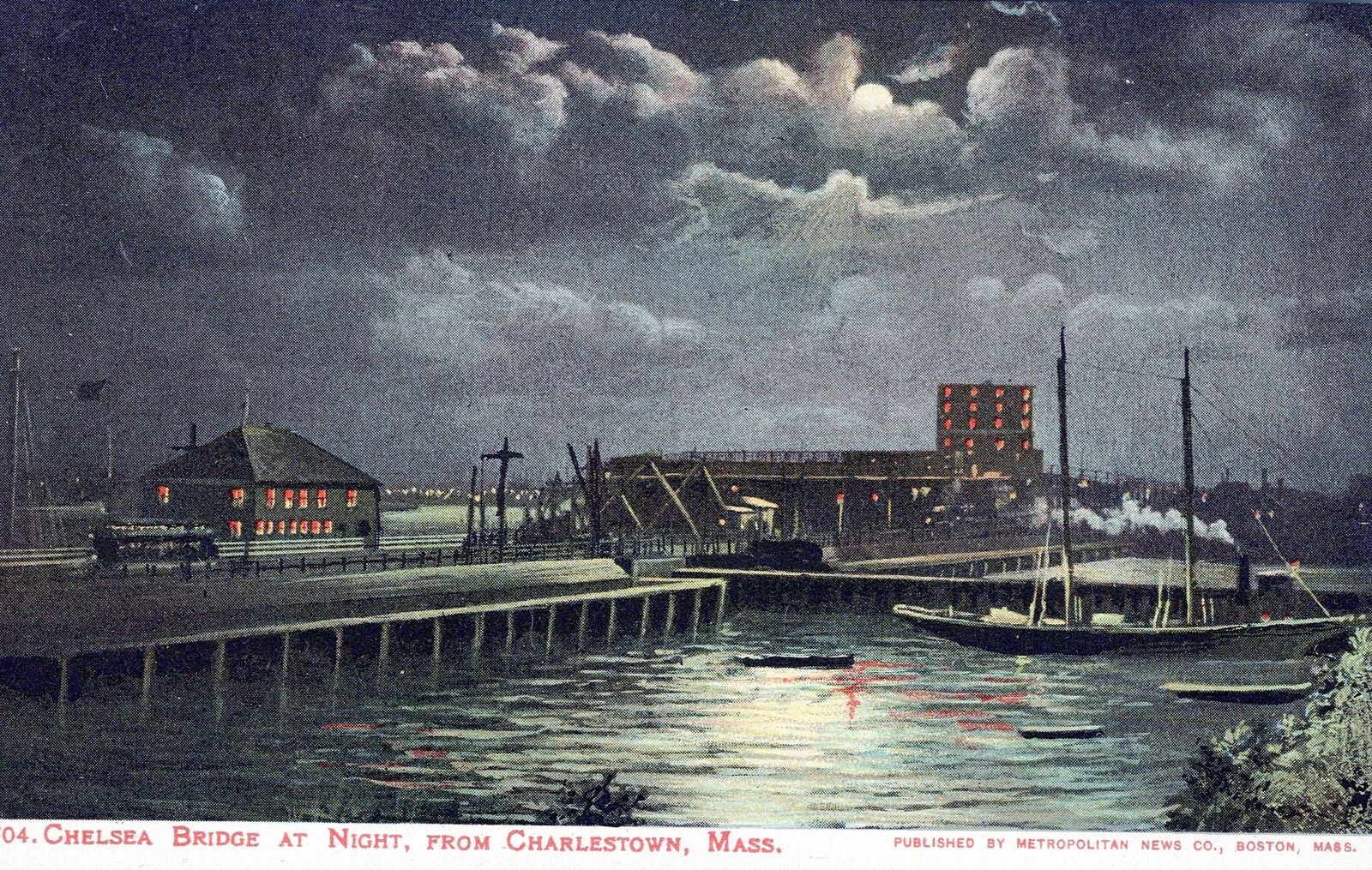 BOSTON MA - Chelsea Bridge At Night From Charlestown Postcard - udb (pre 1908)