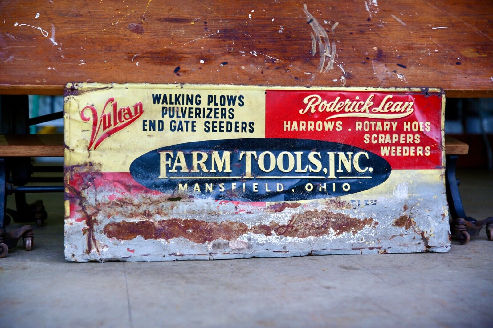 Vintage Vulcan Farm Tools Tractor Plows tin metal sign Mansfield Ohio RARE