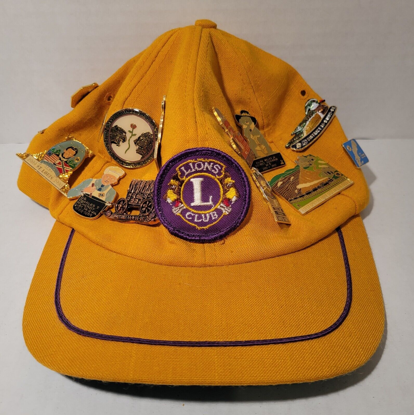Vintage 1980's Lions Club Distressed Adjustable Hat Gold Purple w/ Pins RARE 1/1