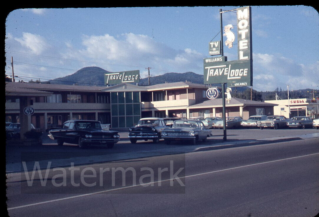 1950s-60s  photo slide Travelodge  Motel Cars  Route 66  Williams AZ Gas Station