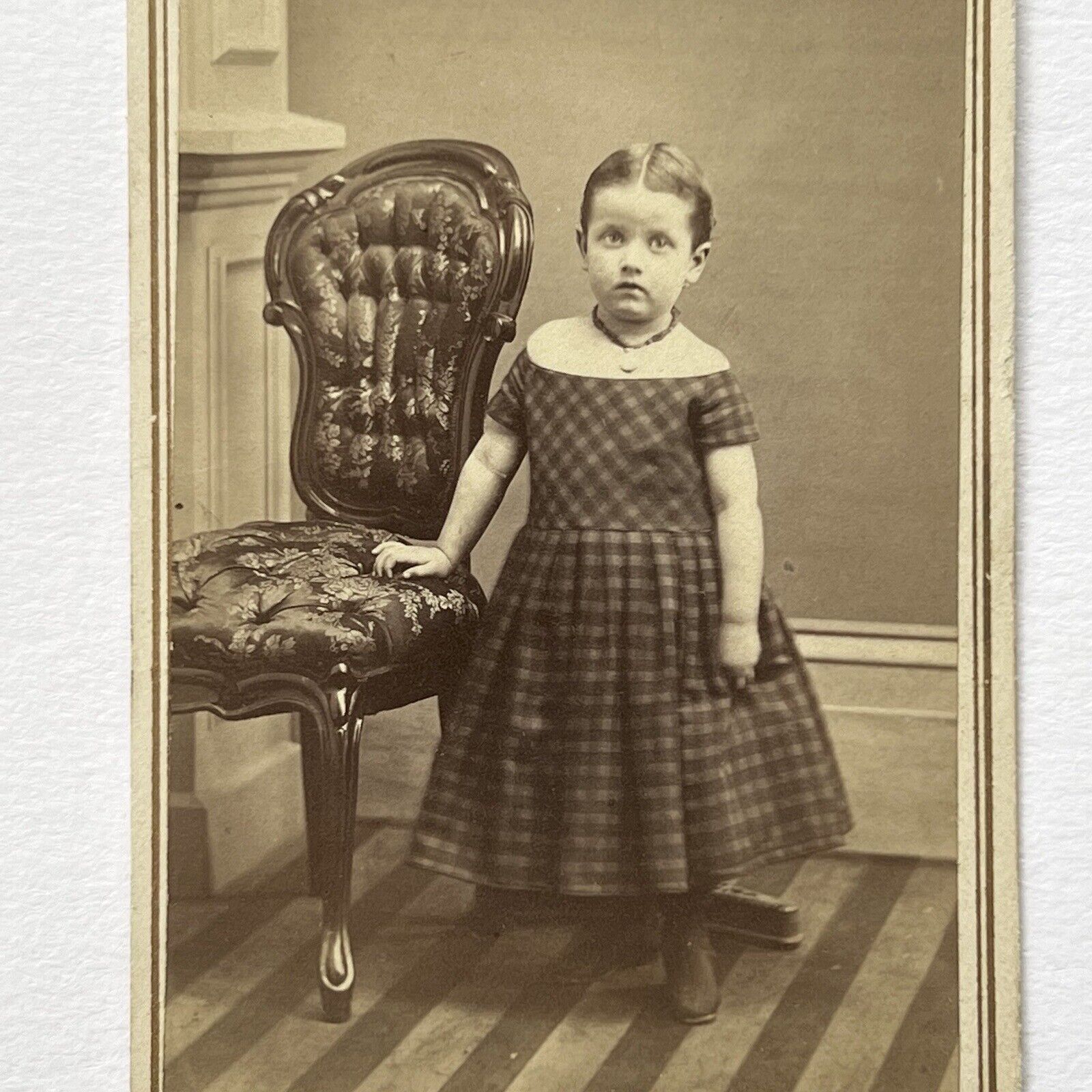 Antique CDV Photograph Adorable Little Girl Plaid Dress Photo Stand Cleveland OH