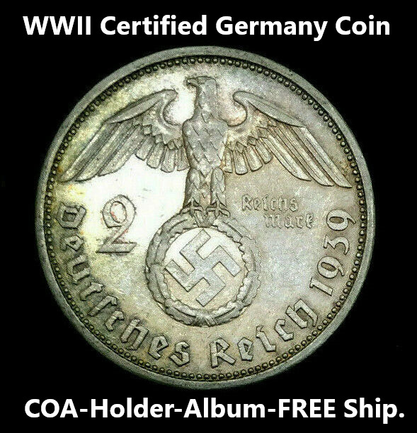 Rare WWII German 2 Reichsmark SILVER Coin CERTIFIED, Mini Album,Holder, COA Incl