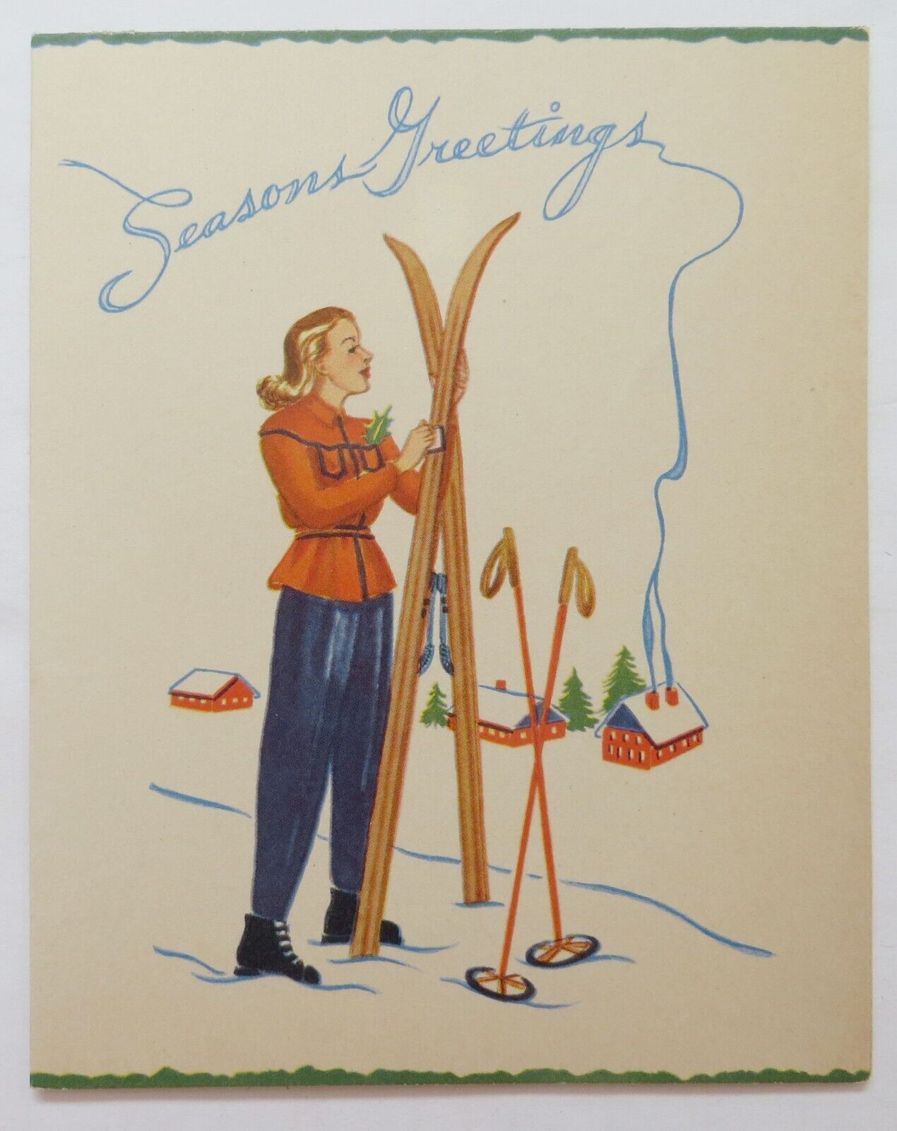 Vtg Christmas Card-LOVELY LADY SKIER IN THE MOUNTAINS