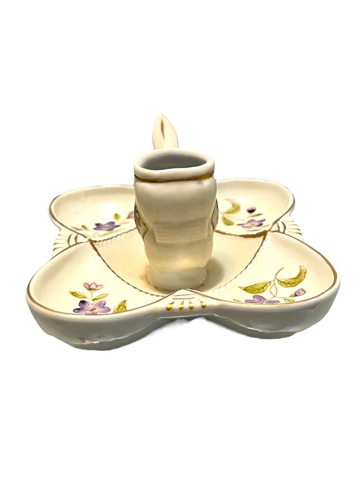 VERY RARE MID CENTURY LIPPER & MANN CANDLE HOLDER WITH VIOLETS, GOLD TRIM
