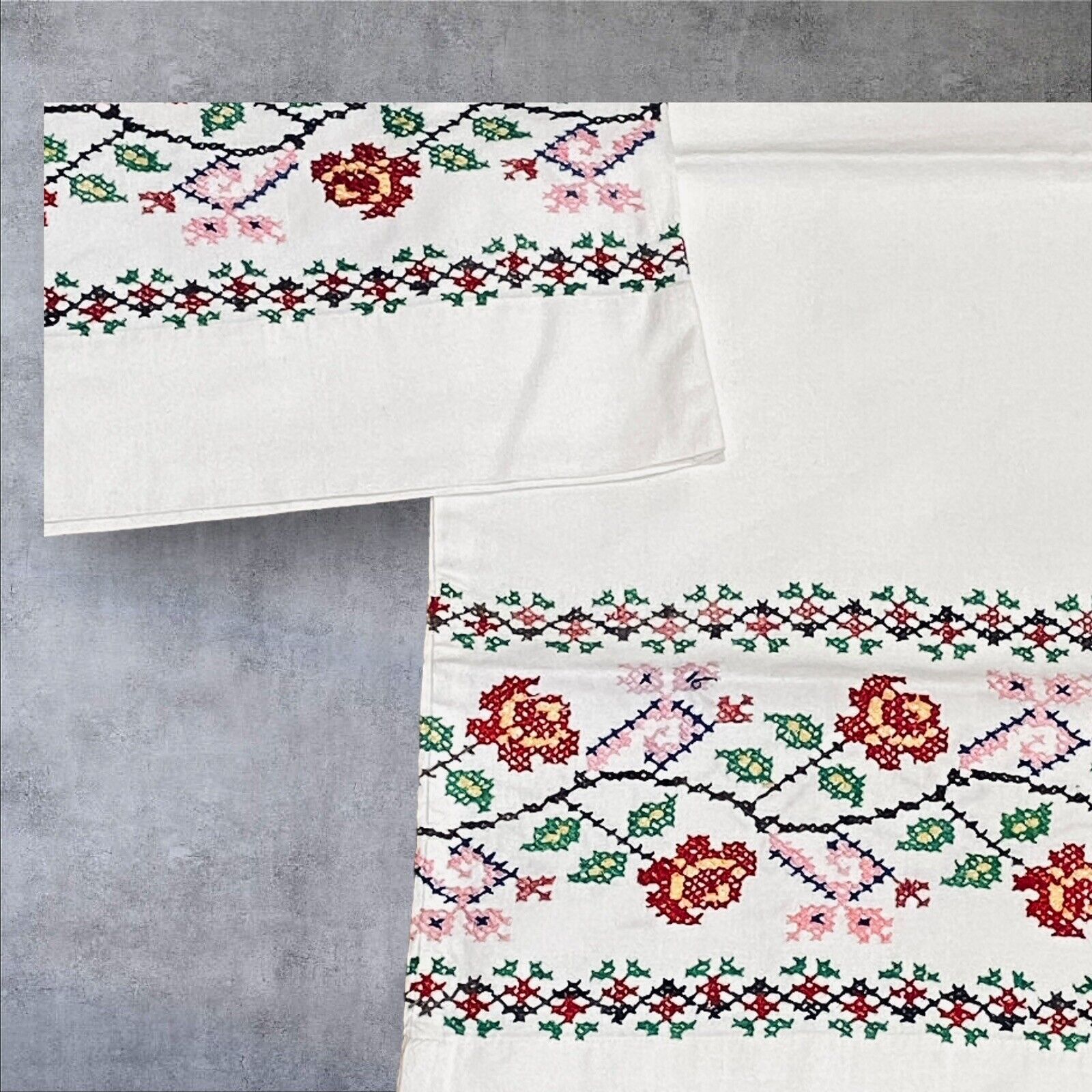 Two Queen Pillowcases Cross Stitched by Hand Floral Vintage Bright and White
