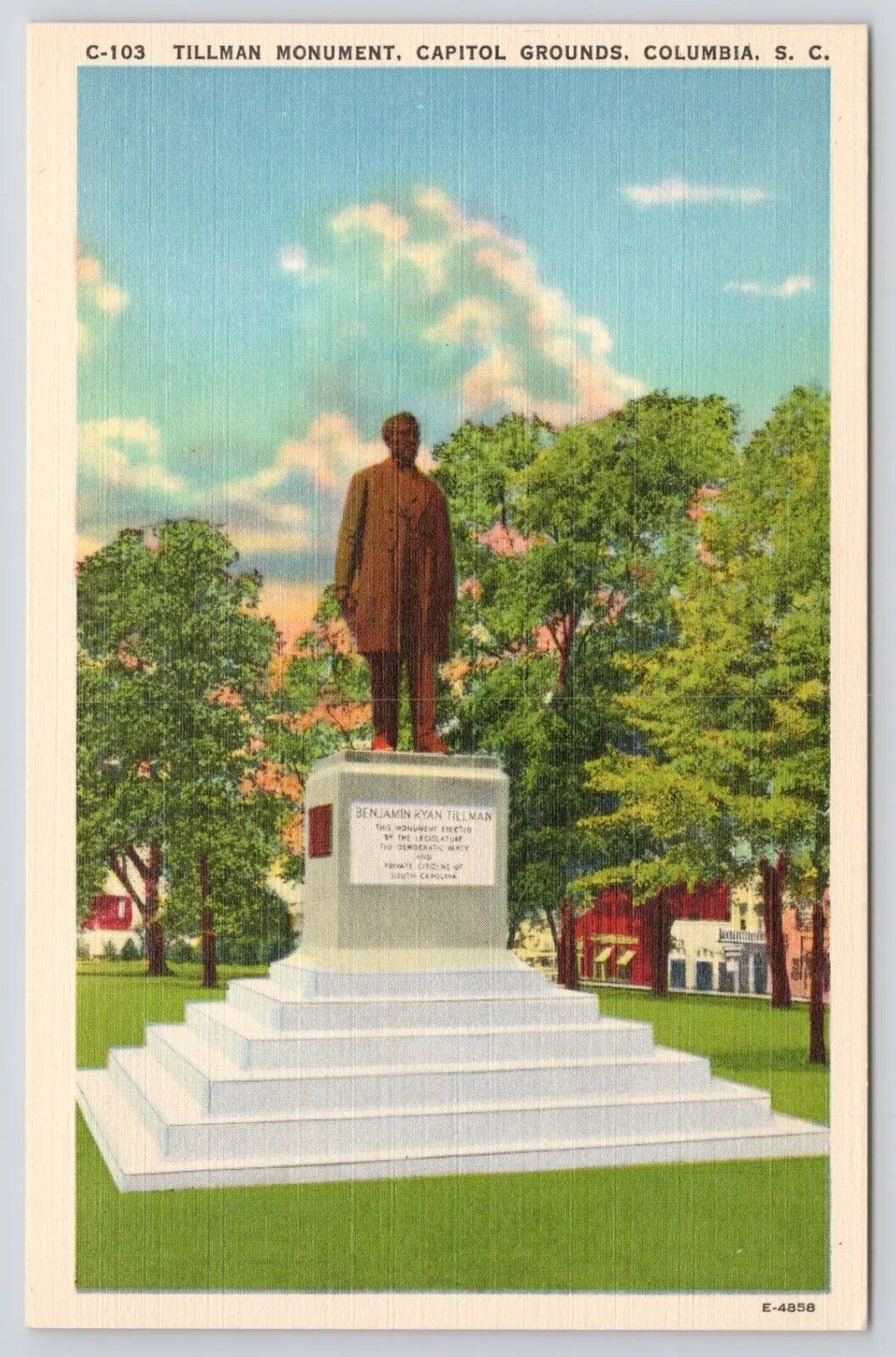 Columbia South Carolina Tillman Monument Capitol Grounds Linen Postcard