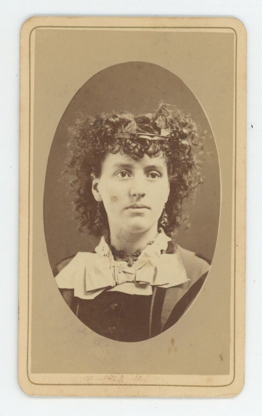 Antique CDV c1870s Beautiful Young Woman With Extremely Curly Hair Large Bow