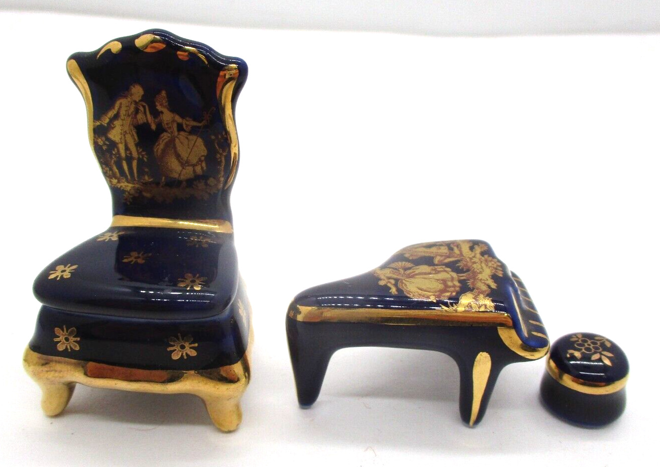 VTG Limoges Courting Couple Piano Stool Chair Cobalt Blue 22K Gold
