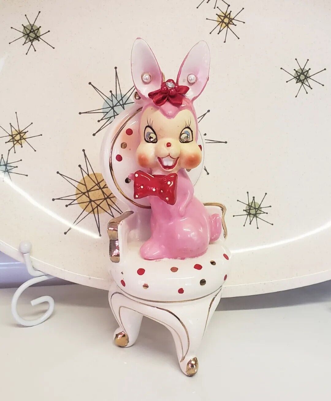 SUPER RARE Vintage Pink Arnart Japan Bunny Rabbit Bow Tie Big Eyes