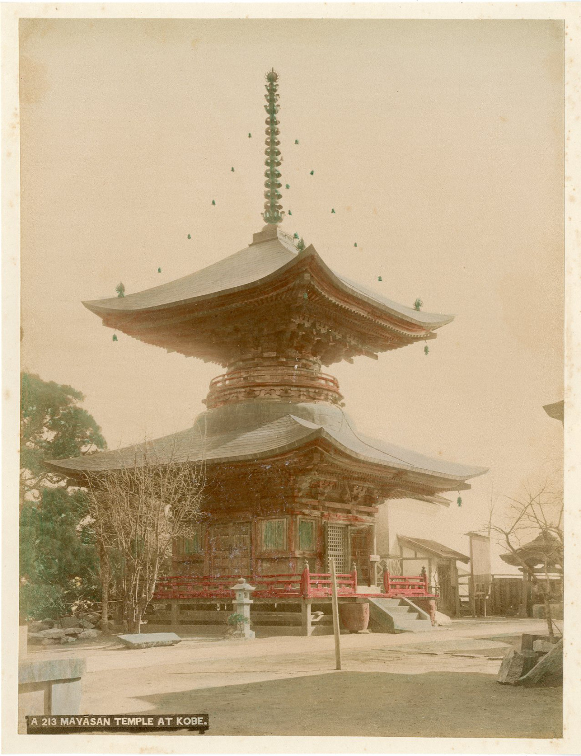 Japan, Mayasan Temple at Kobe Vintage Albumen Print.  Watercolor Albumin Print