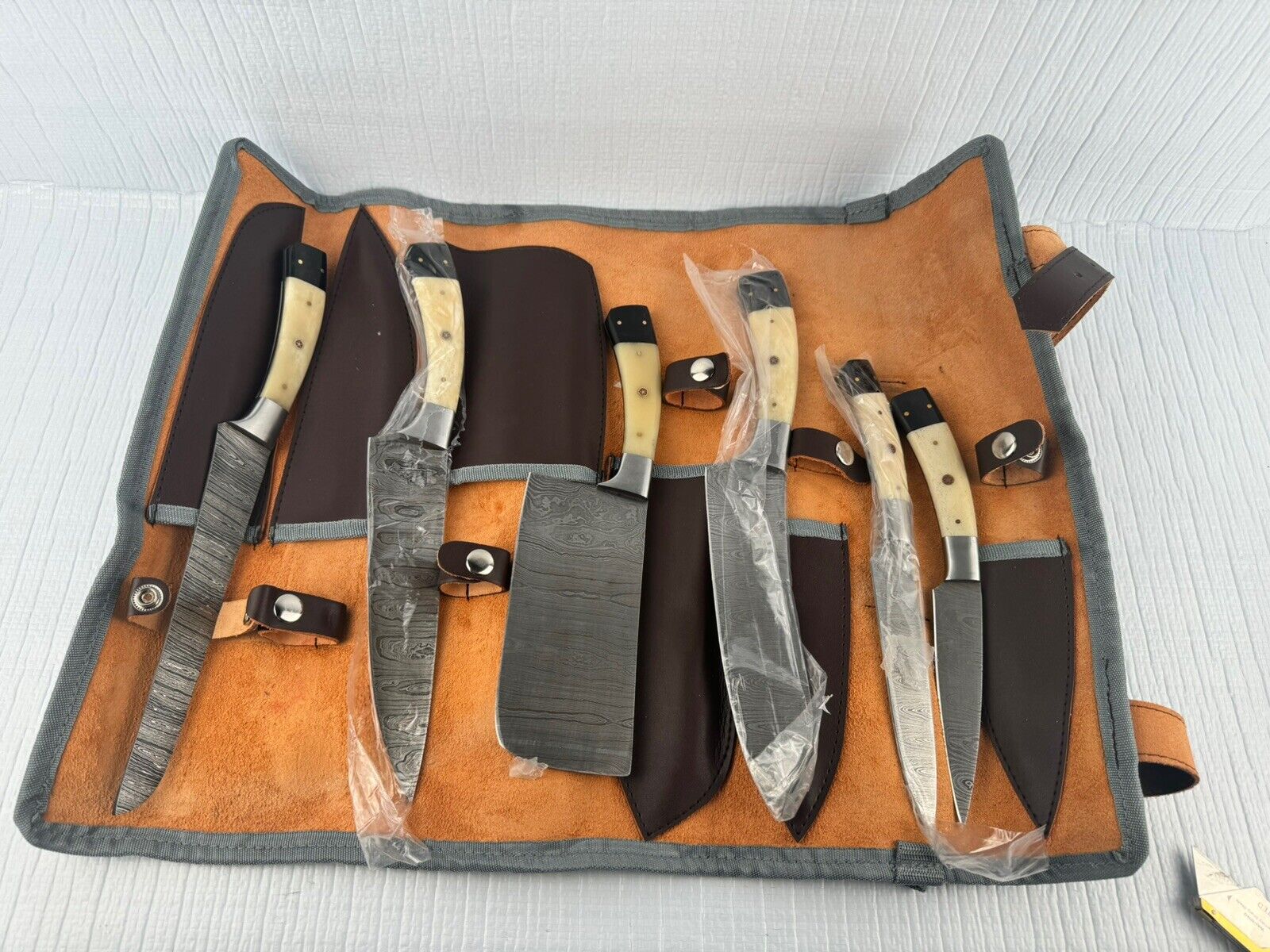 6-Piece Damascus Steel Knife Set Clever & Leather Roll Up Case Bone Style Handle