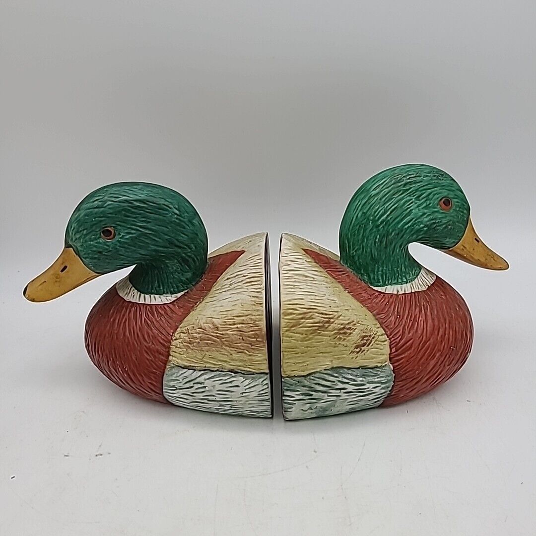 Signed Mallard Duck Bookends Book Ends 1983 Hand Painted Decoy Pottery Pair Vint