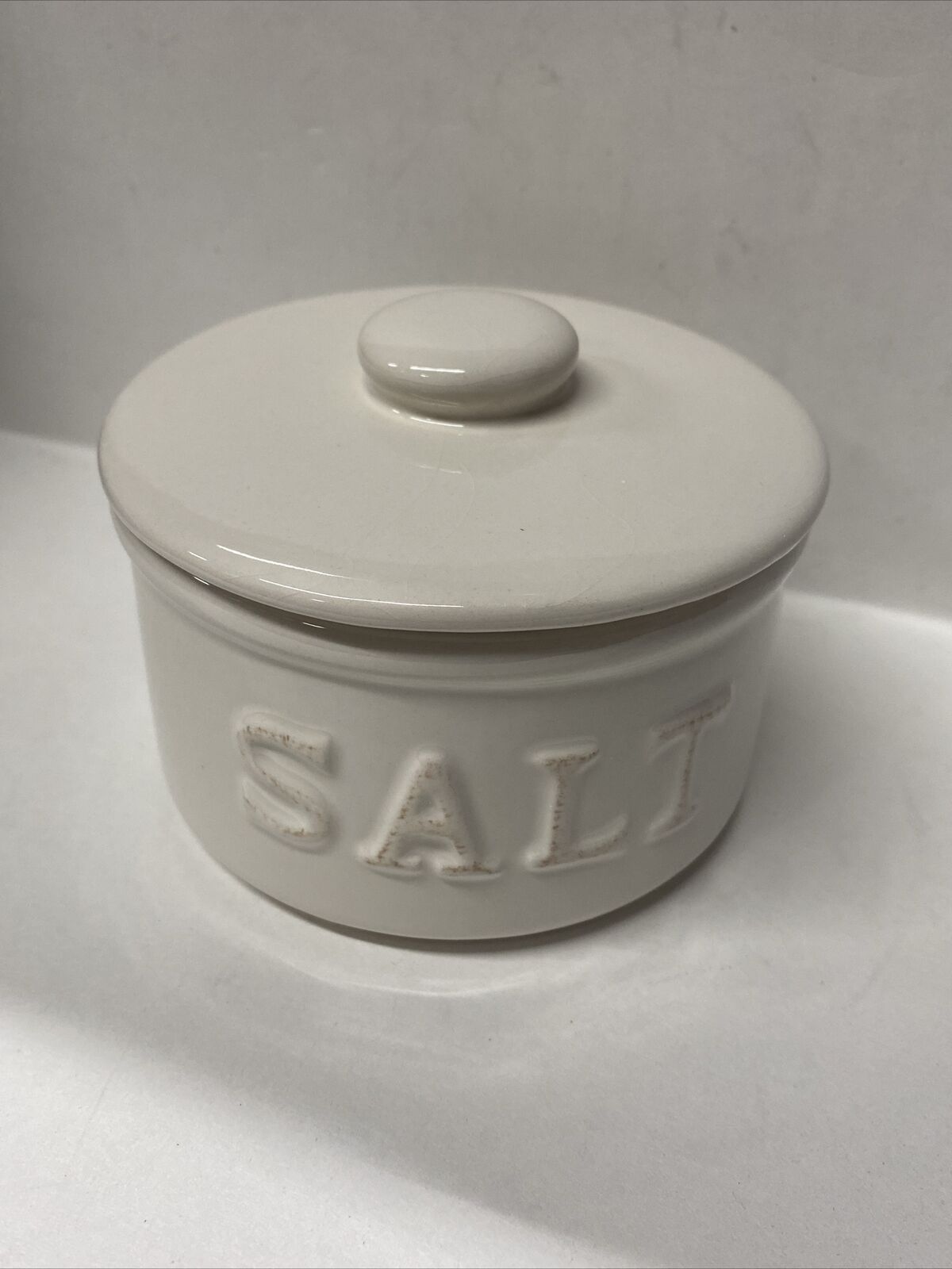 Ceramic Salt Jar Container With Lid White Script Simple Elegant