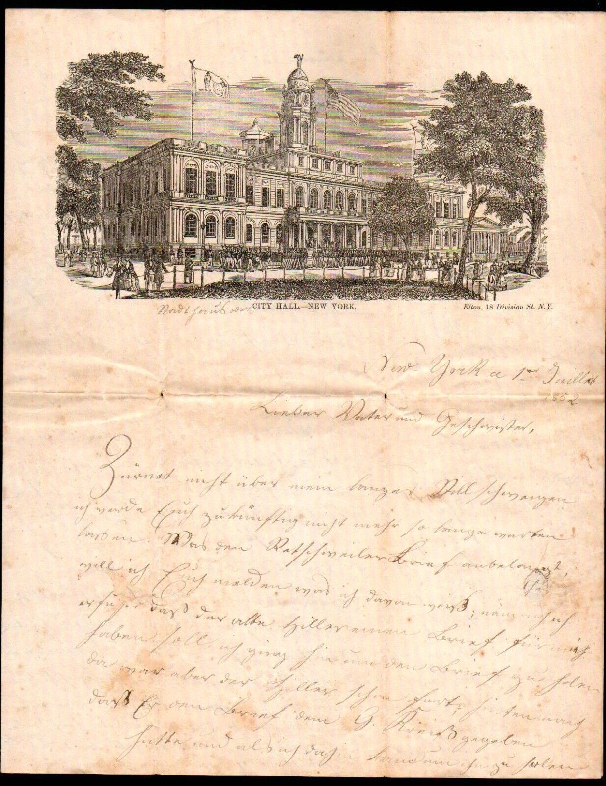 1852 New York City --- City Hall - HISTORY BEAUTIFUL EX RARE Letter Head Bill