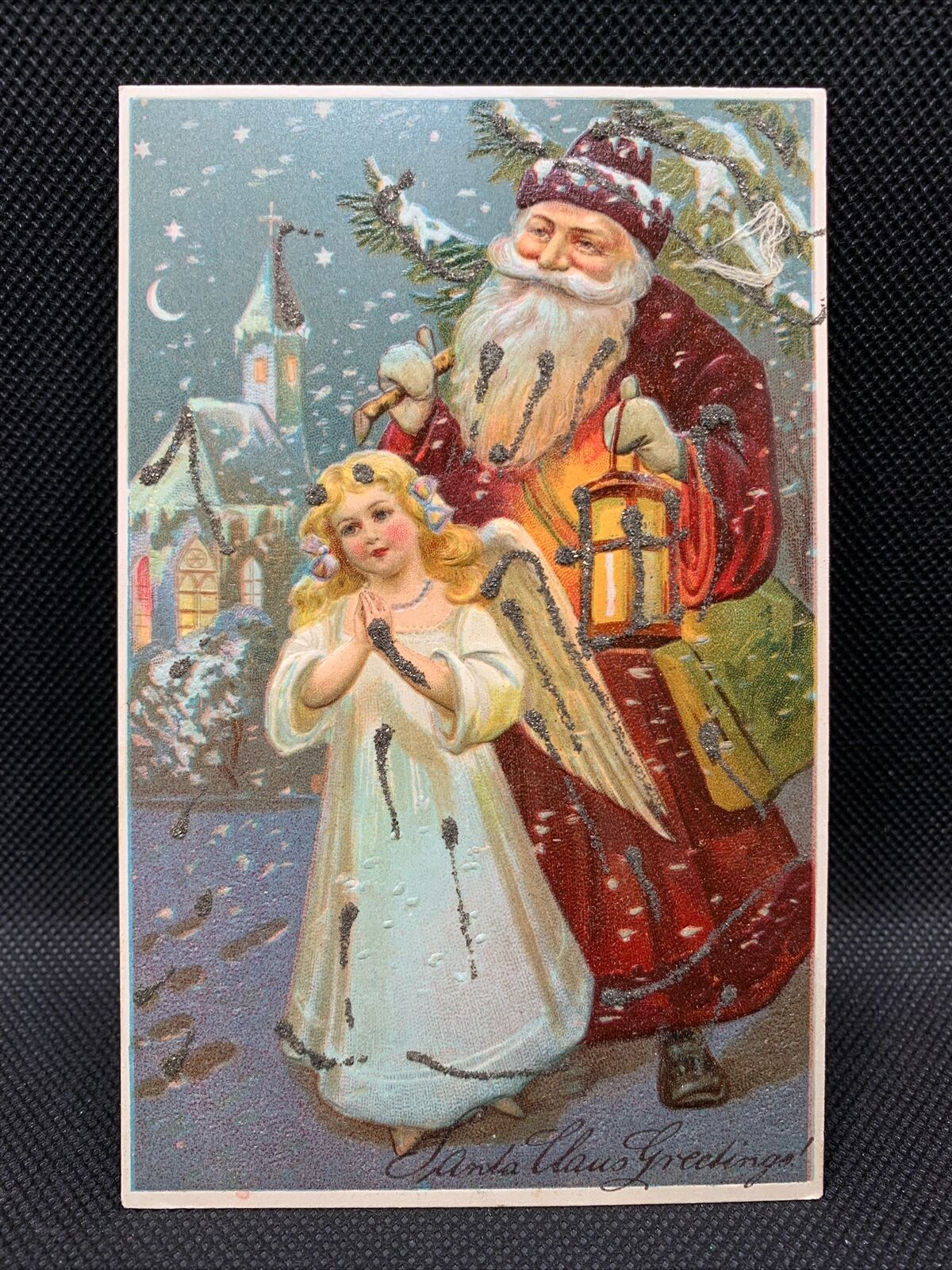 Antique Christmas Greetings Embossed Postcard Santa With Angel Divided Back